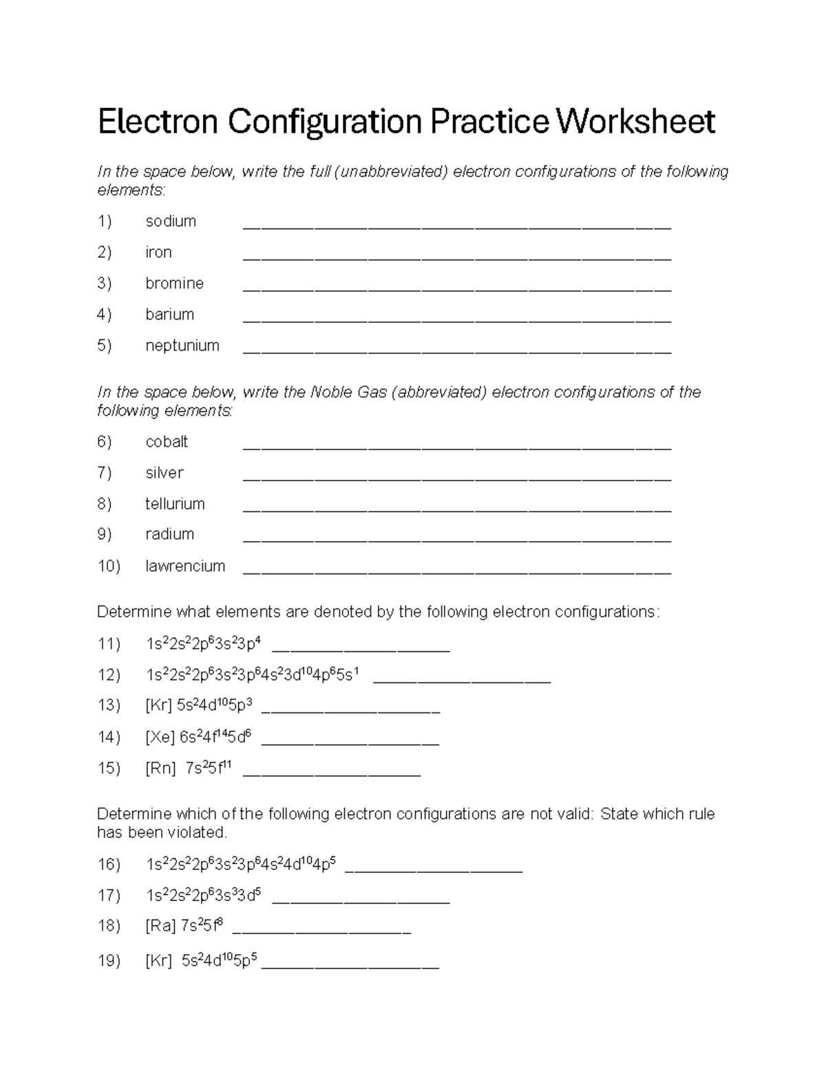 Electron Configuration Practice Worksheet - 1s 2 2s 2 2p 6 3s 2 3p 6 4s ...