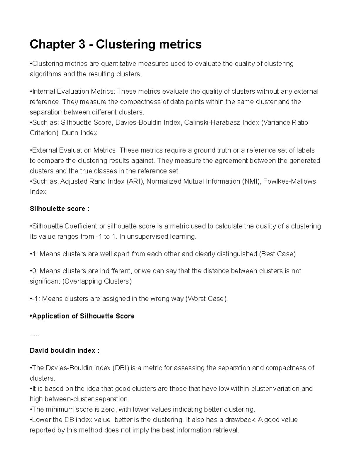 Chapter 3 - Evaluation Metrics for Clustering Algorithms - Studocu