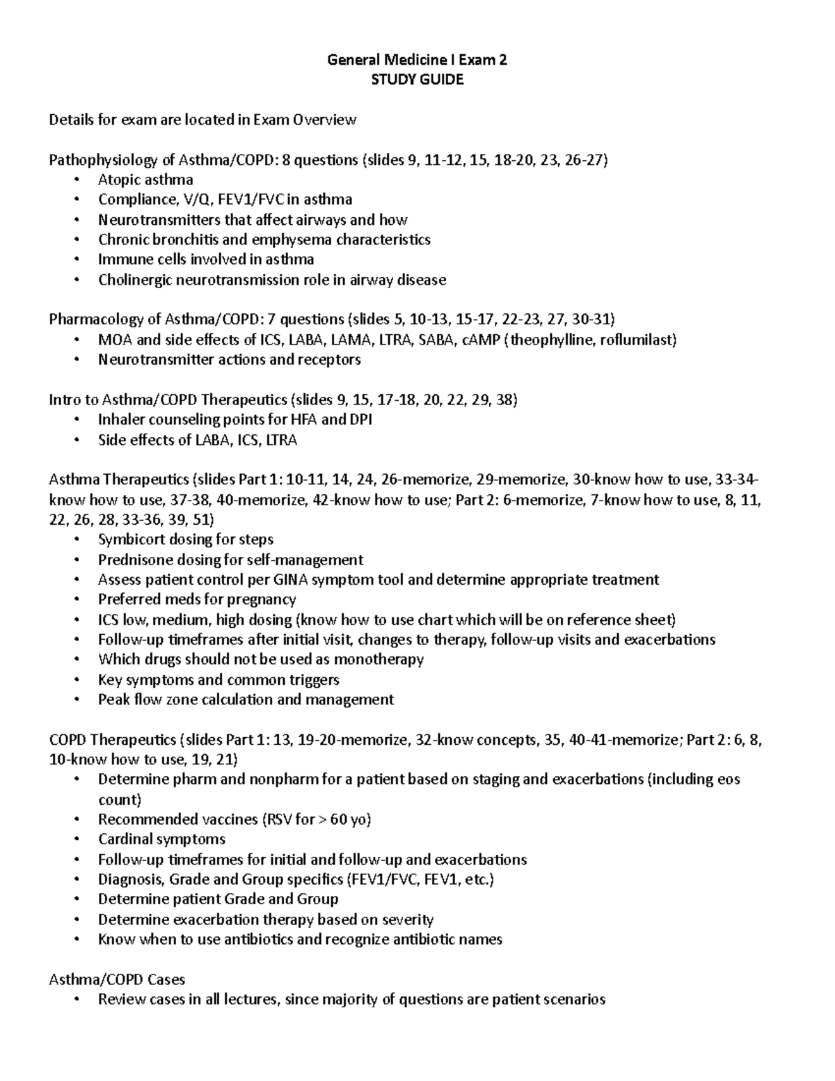 General Medicine I Exam 2 Study Guide: Asthma & COPD Focus - General ...