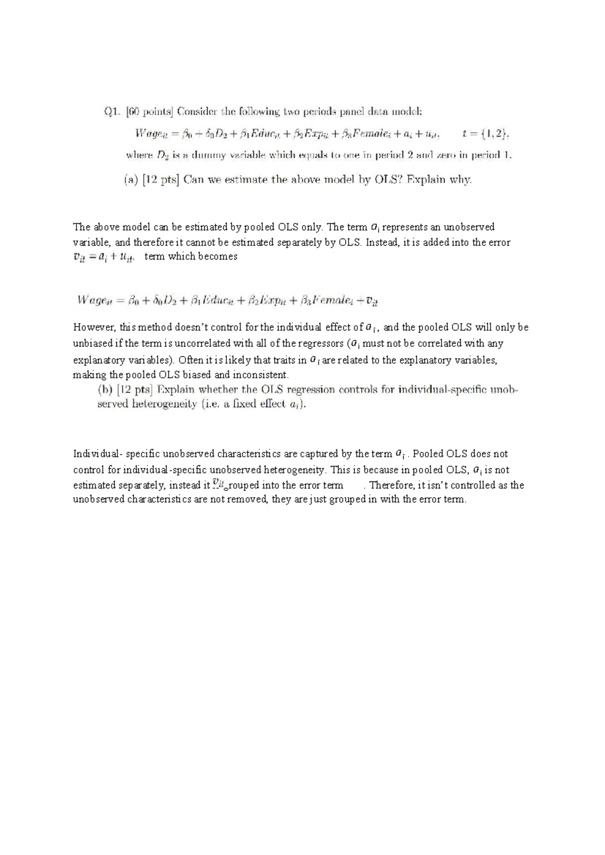 Econometrics Notes: Pooled OLS and Unobserved Variables - Studocu