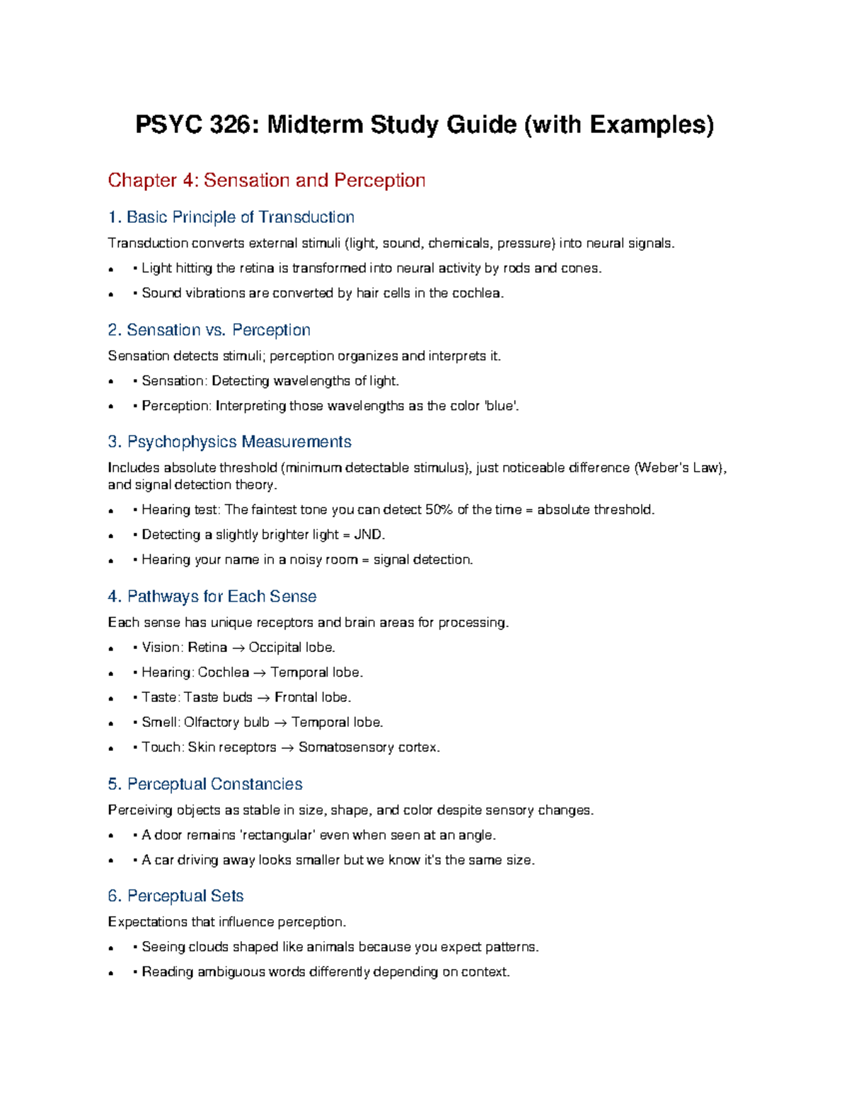 PSYC 326: Midterm Study Guide on Sensation & Perception Concepts - Studocu