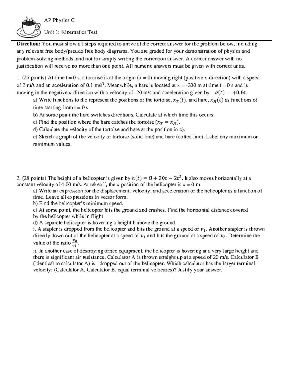 AP Physics C: Unit 1 Kinematics Test Questions and Solutions - Studocu