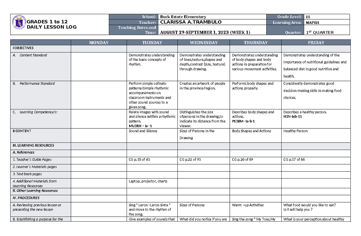 DLL MAPEH-3 Q1 W1 - Daily Lesson Log for Week 1 Activities - Studocu