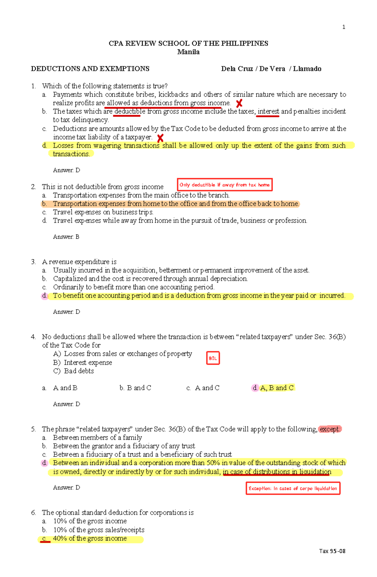 95-08 - Tax Deductions Practice Questions and Solutions - Studocu