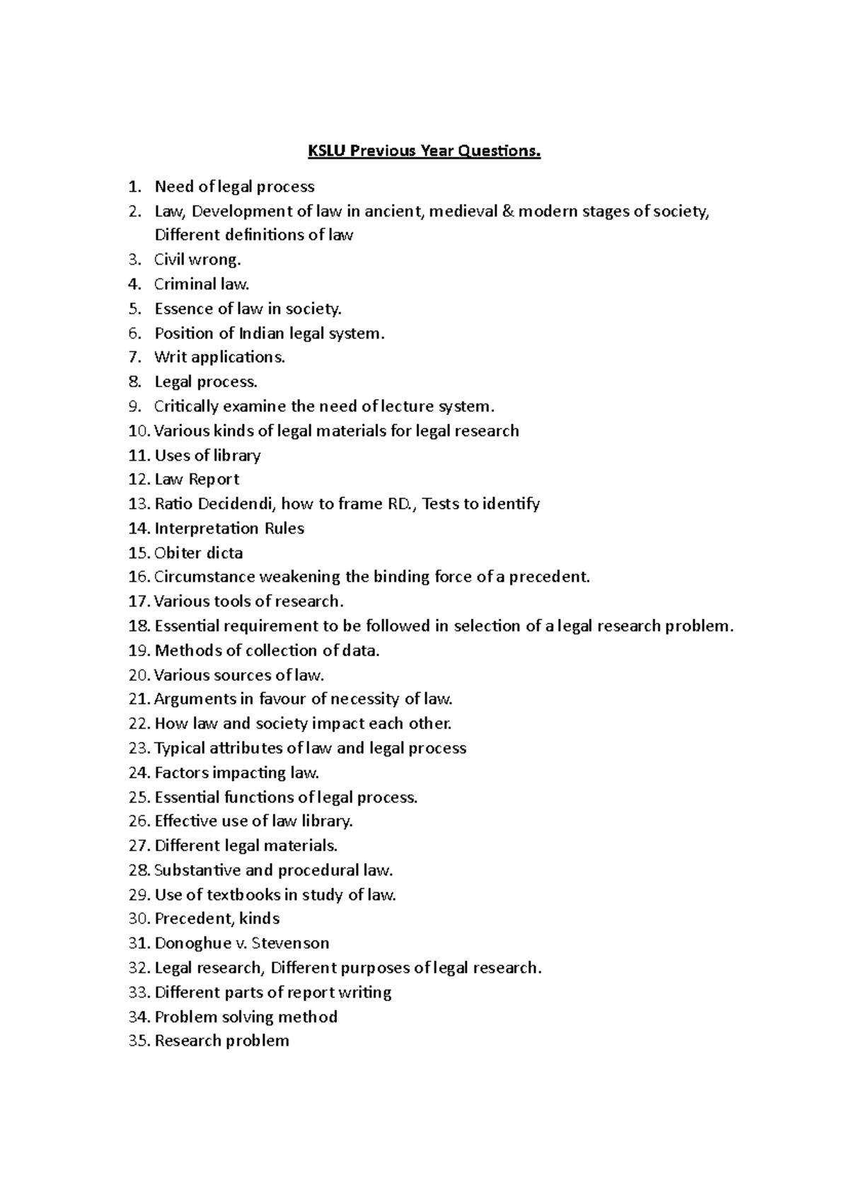 LM previous year questions(combined) - KSLU Previous Year QuesƟons ...