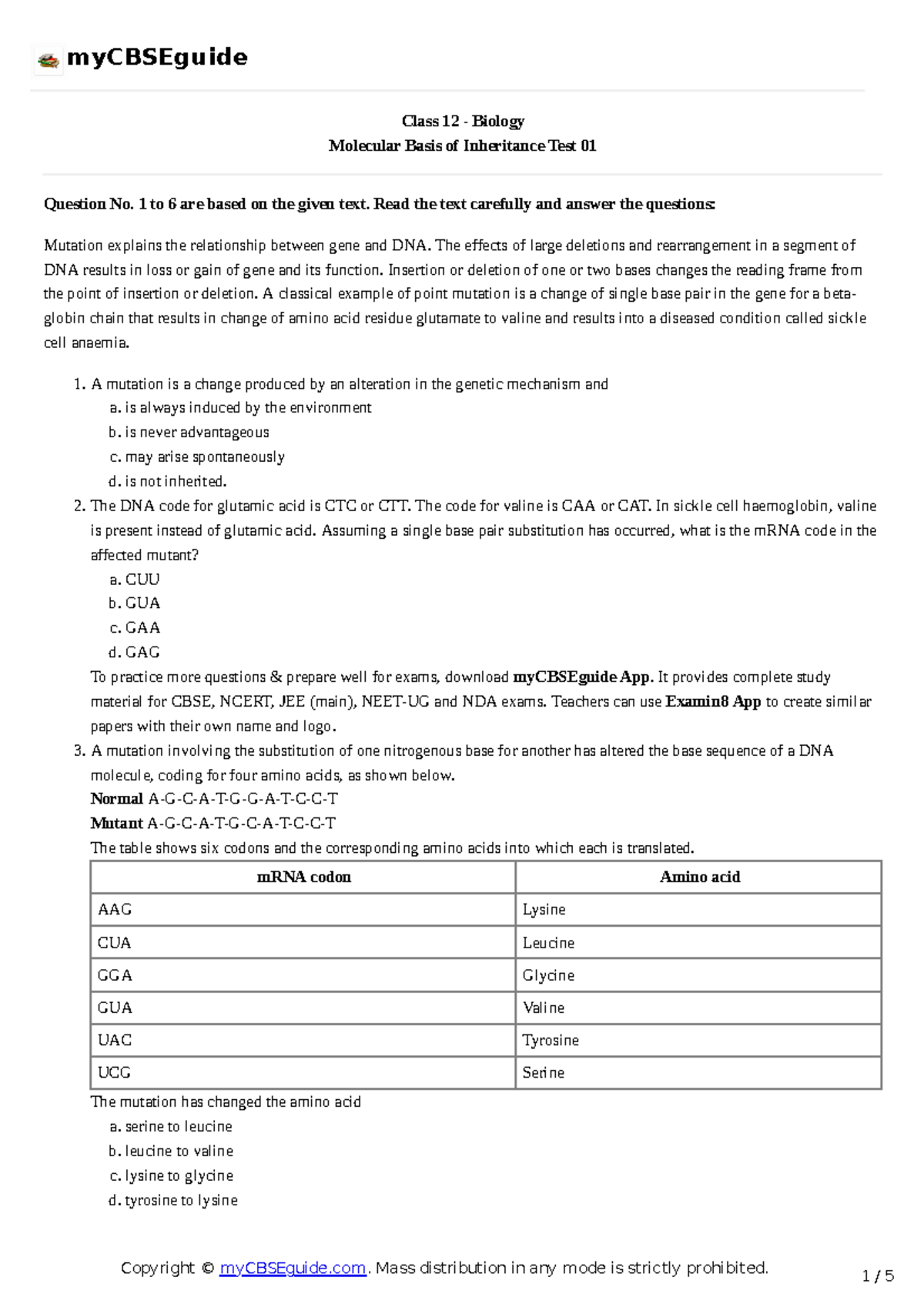Class 12 Biology: Molecular Basis of Inheritance Test 01 Summary - Studocu