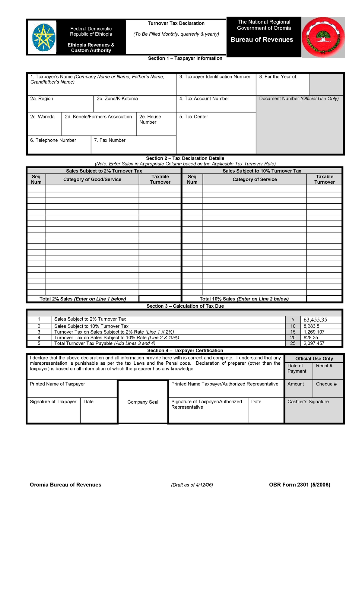 Oromia Turnover Tax Declaration Form - OBR Form 2301 - Studocu