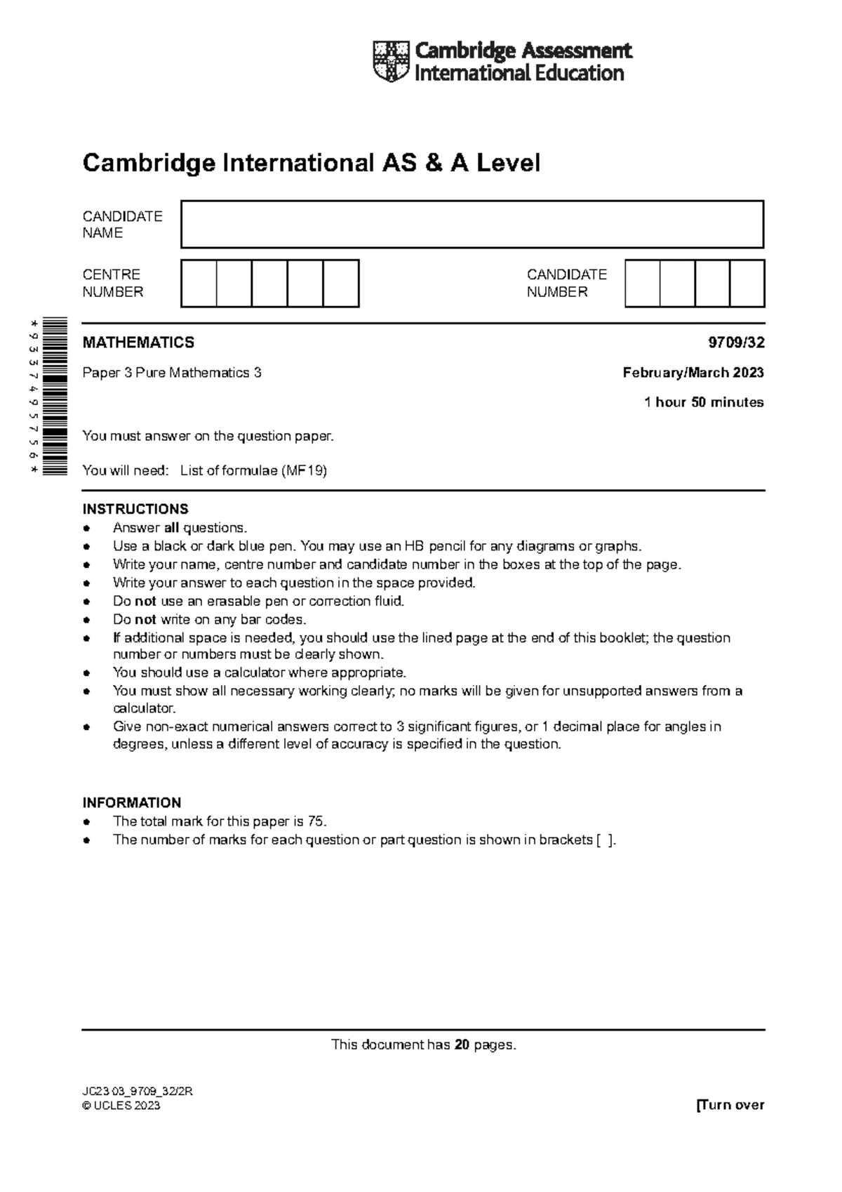 Cambridge International AS A Level Mathematics Paper 2 Pure Math 2023 ...