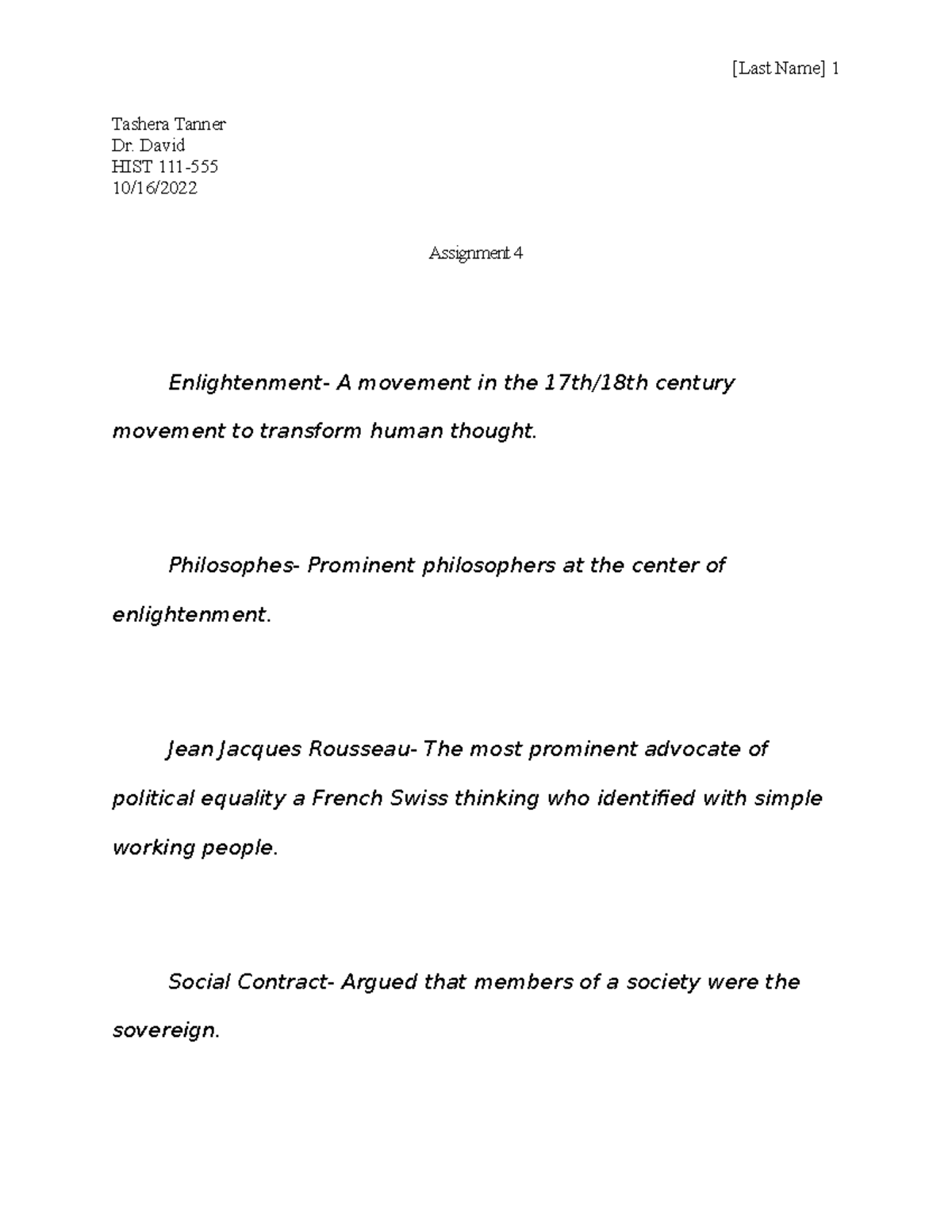 HIST 111-555 Assignment 4: Enlightenment Ideas & Their Global Impact ...