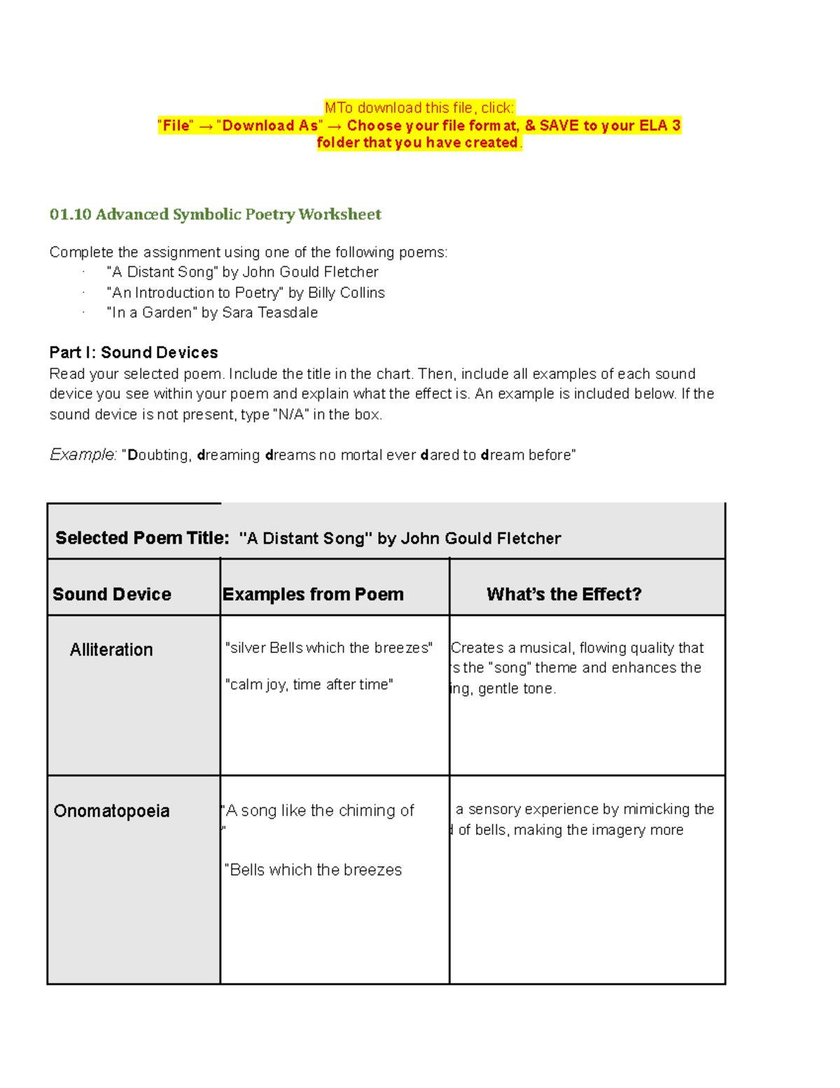01.10 ELA 3 Advanced Symbolic Poetry Worksheet Analysis - Studocu