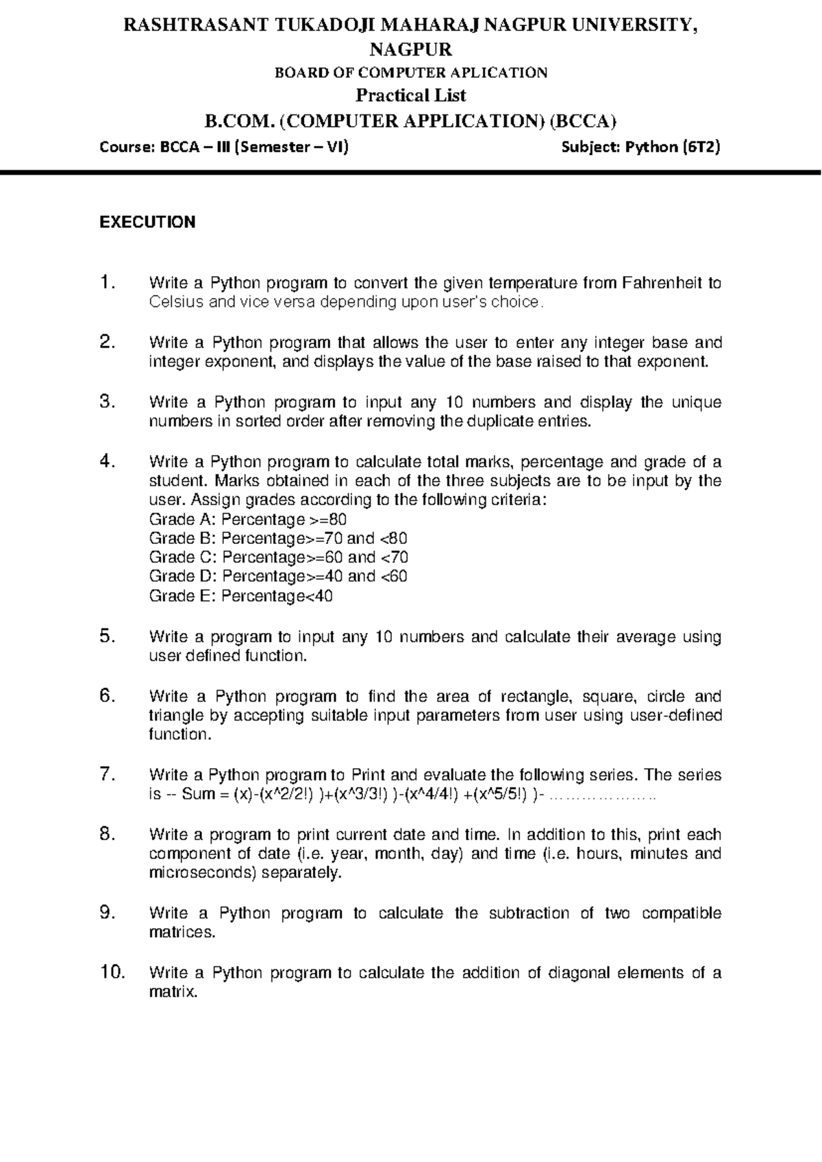 Practical List for Python Programming - BCCA III Sem VI - Studocu