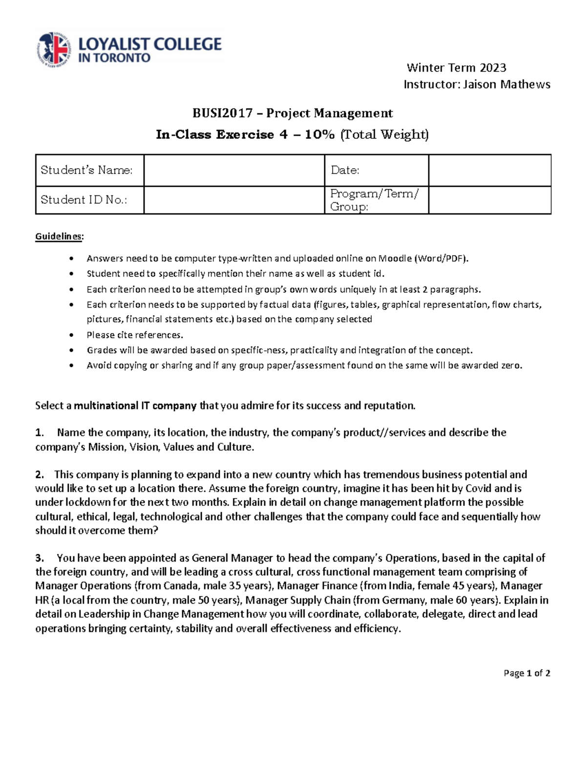 BUSI2017 - Project Management In-Class Exercise 4 Guidelines and Tasks ...