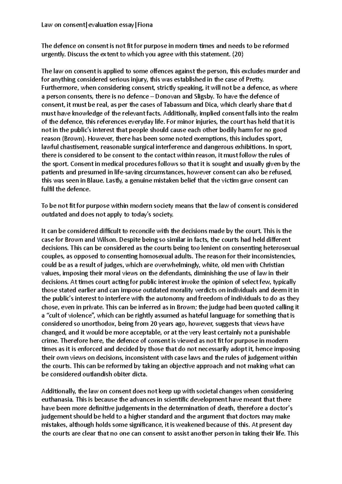 Law on Consent: Evaluation Essay on Modern Relevance and Reform - Studocu
