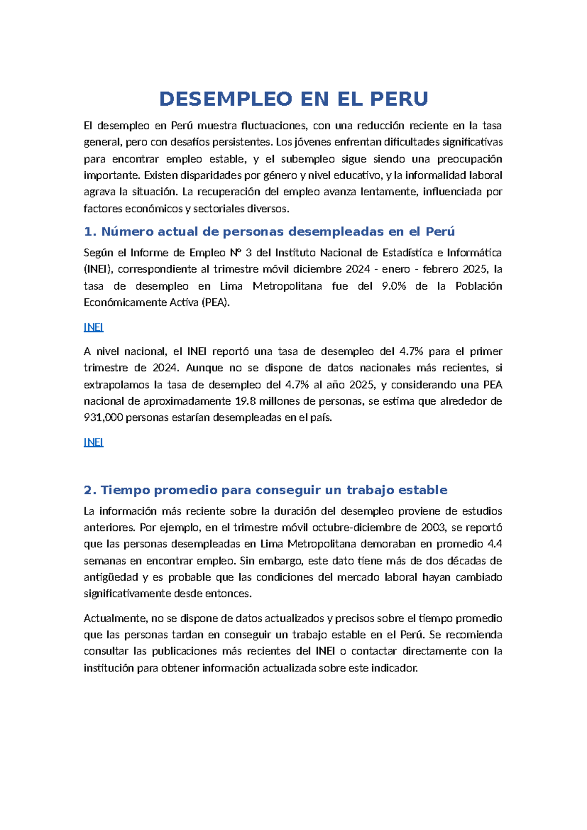 DESEMPLEO EN EL PERÚ: Análisis de la Tasa y Desafíos Laborales - Studocu