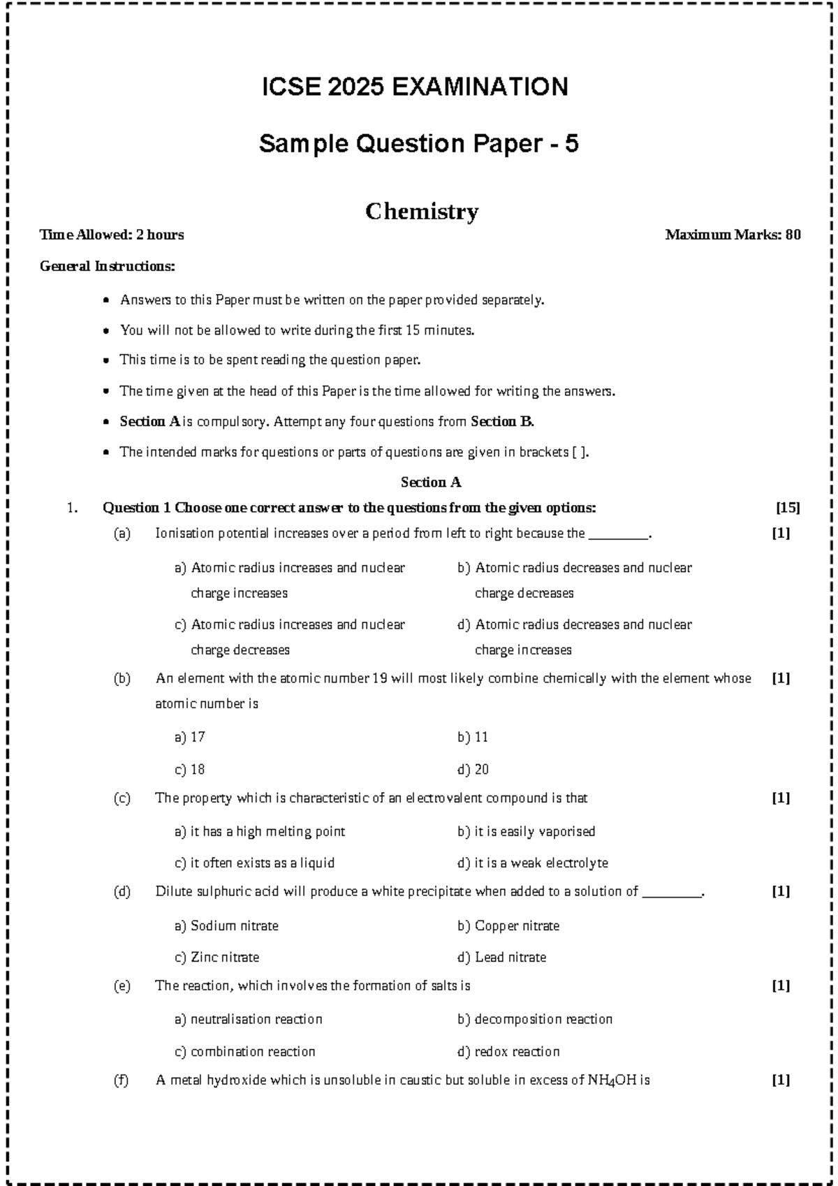 ICSE 2025 CHEMISTRY Sample Question Paper 5 with Solutions - Studocu