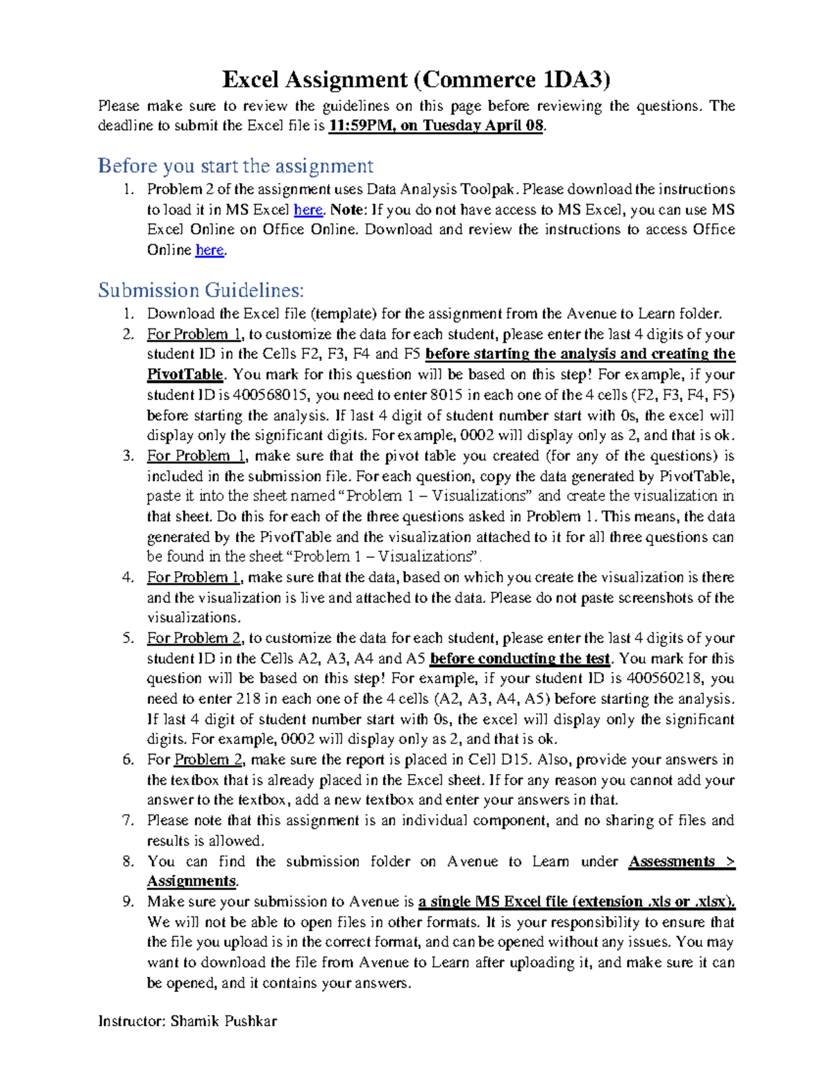 excel assignment - Instructor: Shamik Pushkar Excel Assignment ...
