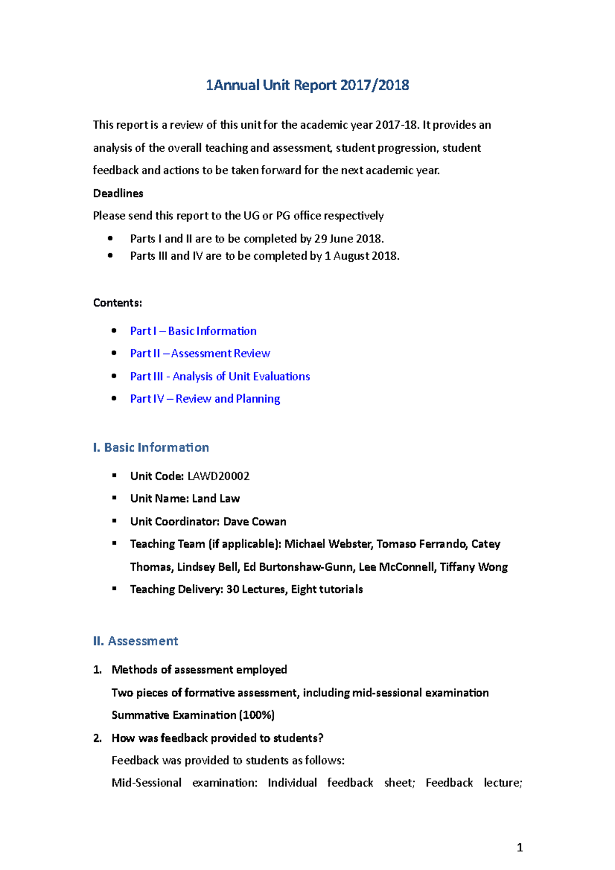 LAWD20002 Annual Unit Report & Assessment Review (2017/18) - Studocu