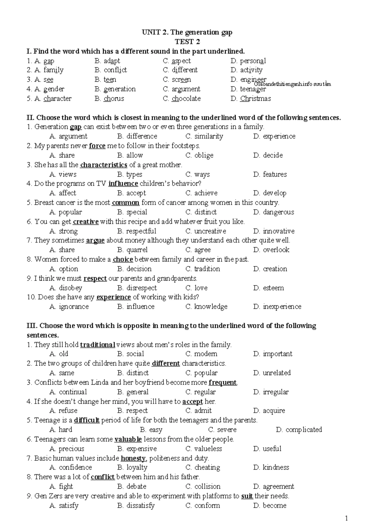 Anh 11 Global - UNIT 2 The Generation Gap - TEST 1 Review Notes - Studocu