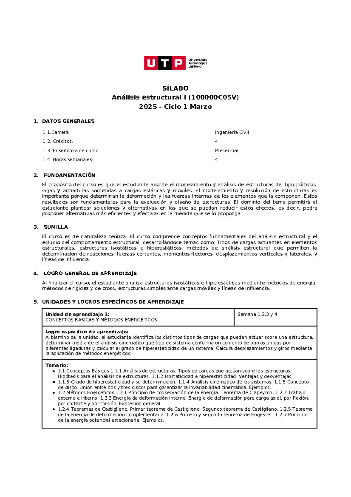 SÍLABO Análisis Estructural I C05V 2025 - Ciclo 1 - Document Preview
