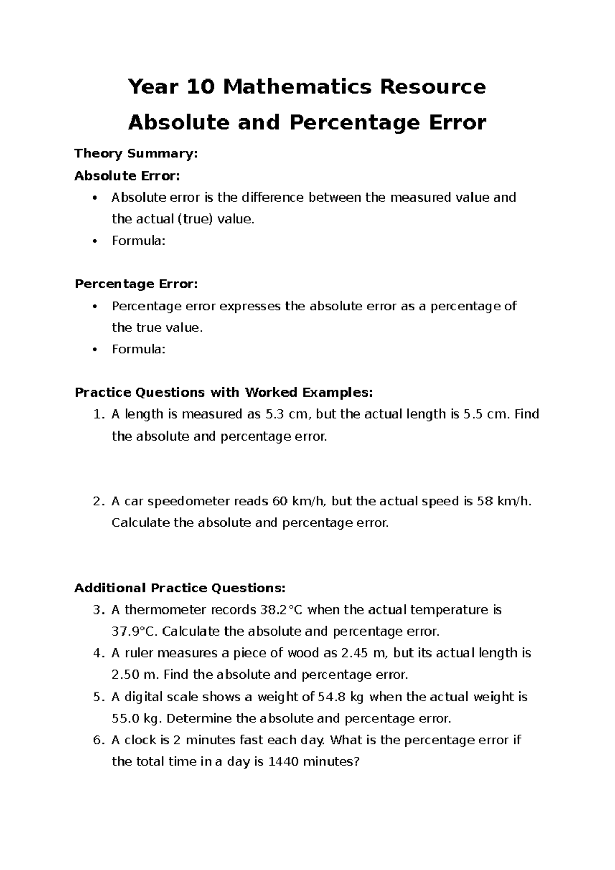 Year 10 Mathematics: Absolute & Percentage Error Concepts - Studocu