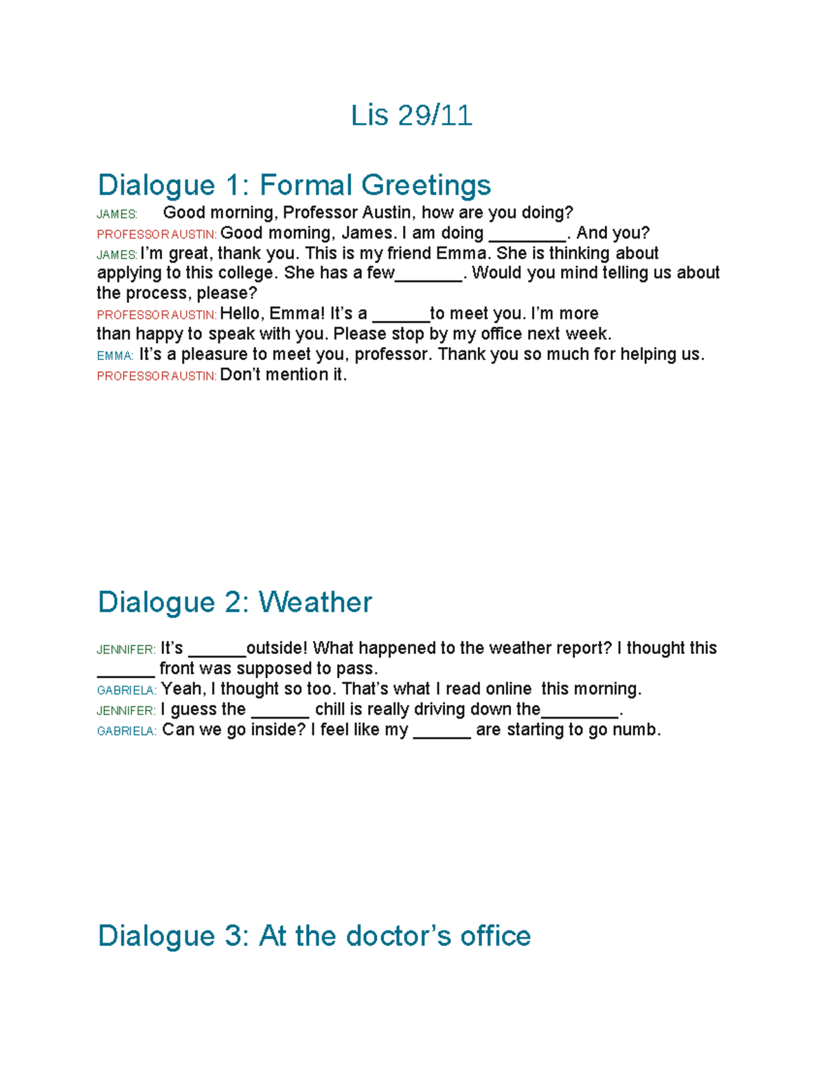 Lis 26:11 - Dialogue Practice: Formal Greetings & Conversations - Studocu