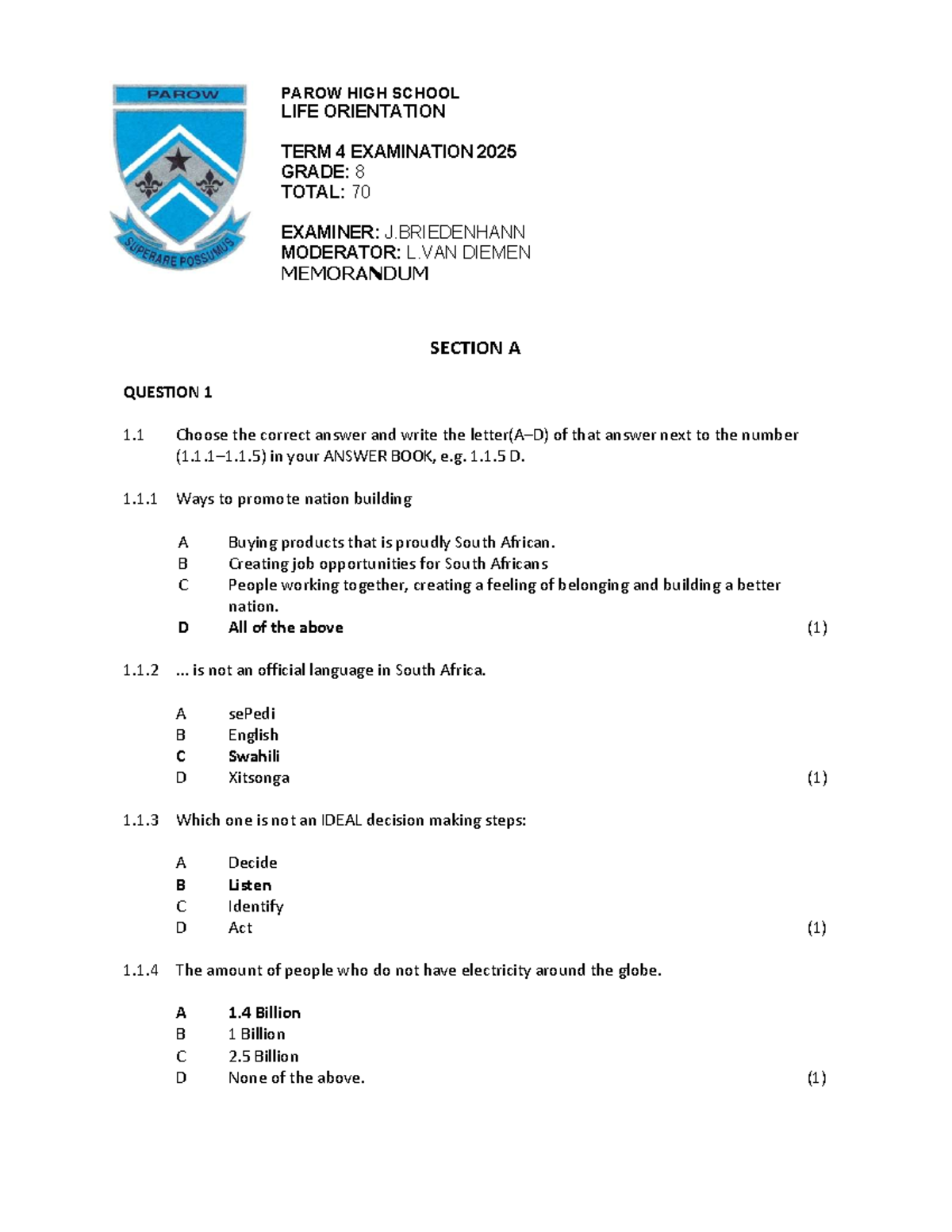 Grade 8 LO Term 4 Exam Memo 2025 - Parow High School - Studocu