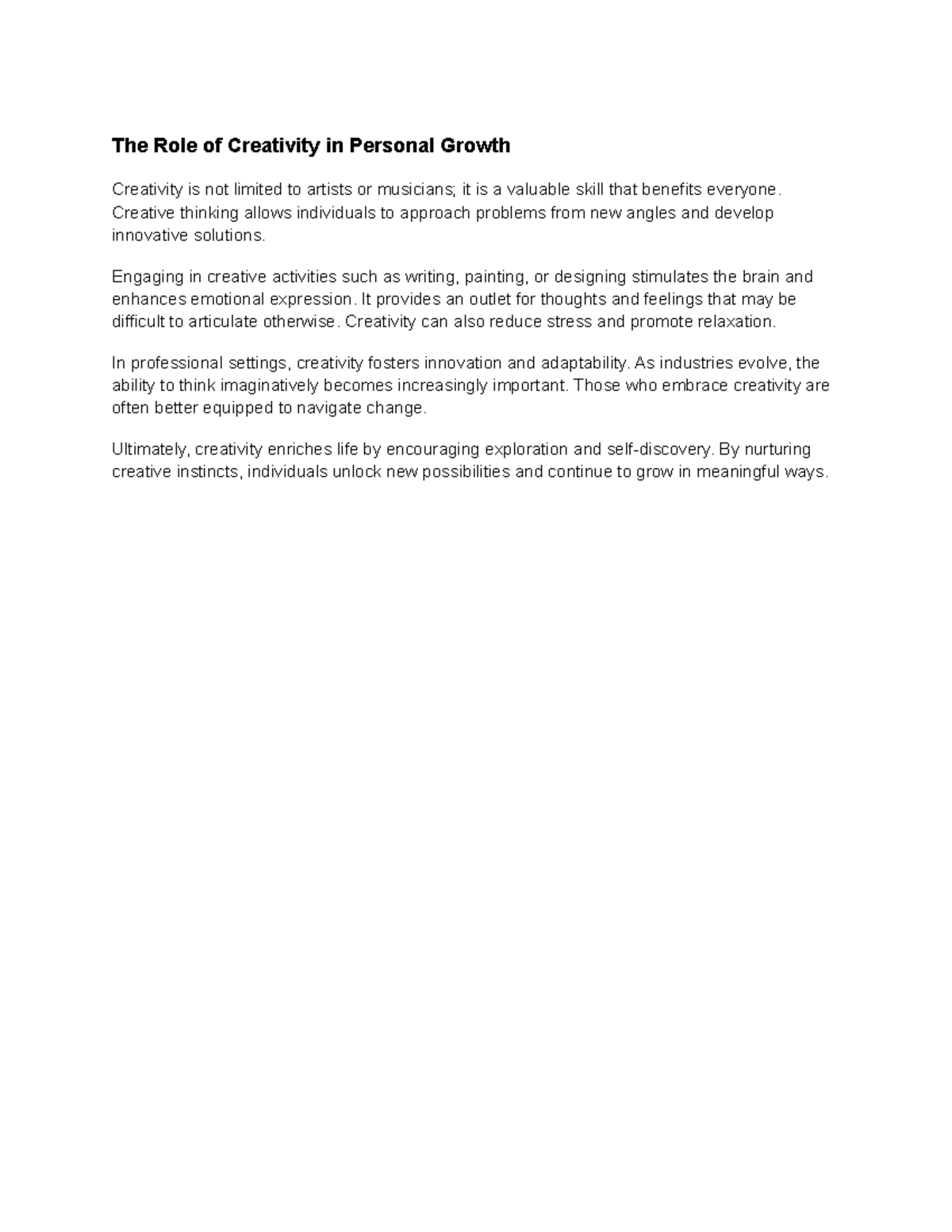 The Impact of Creativity on Personal Growth and Development - Studocu
