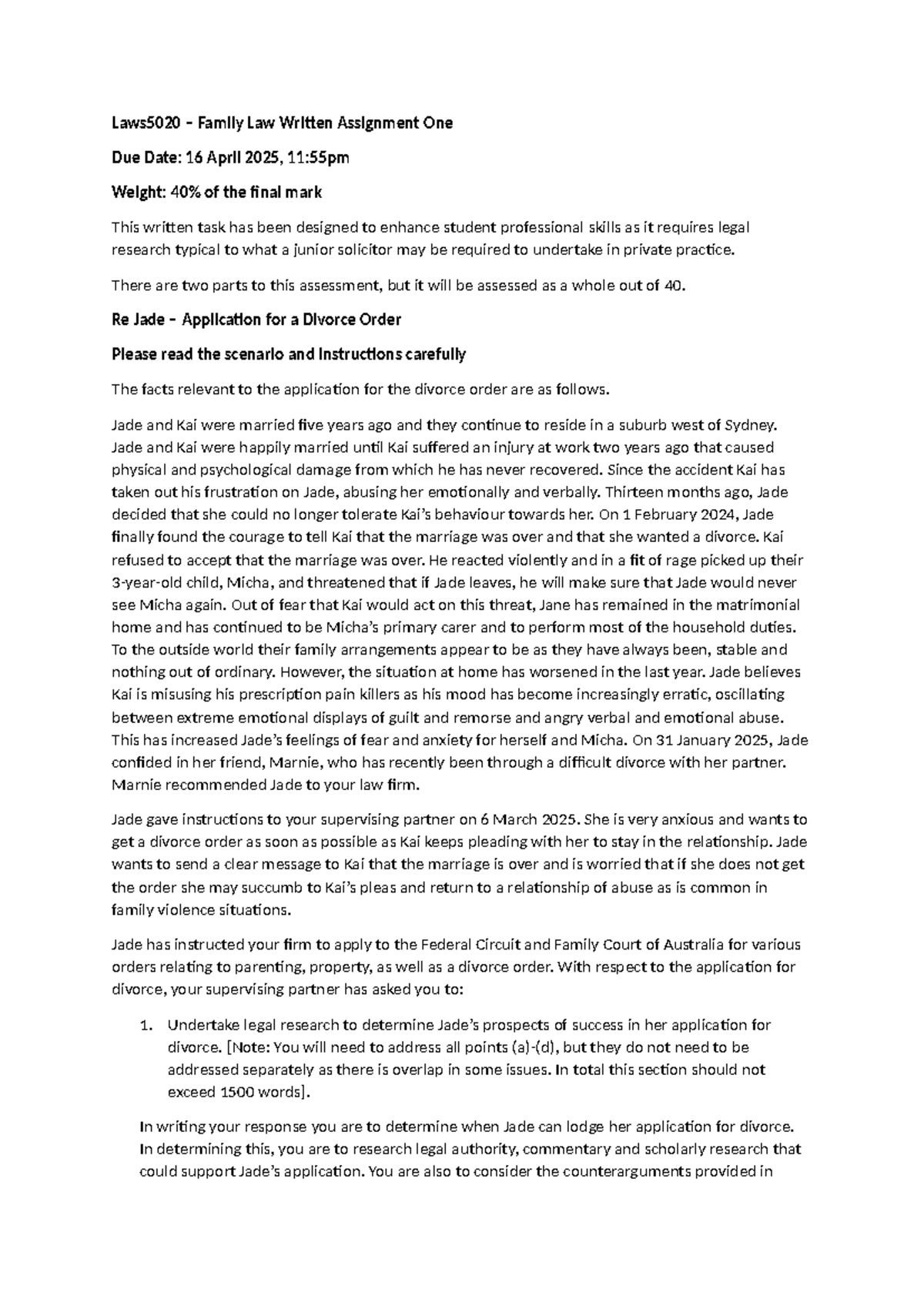 Laws5020 Family Law Written Assignment 1: Jade's Divorce Application ...