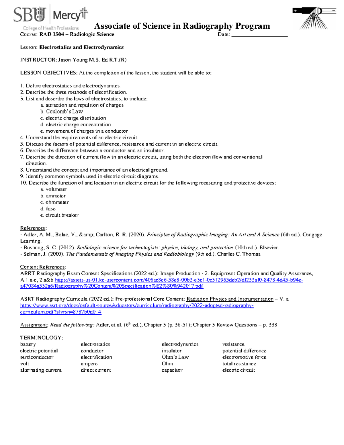 RAD 1504 – Radiologic Science: Lesson on Electrostatics ...