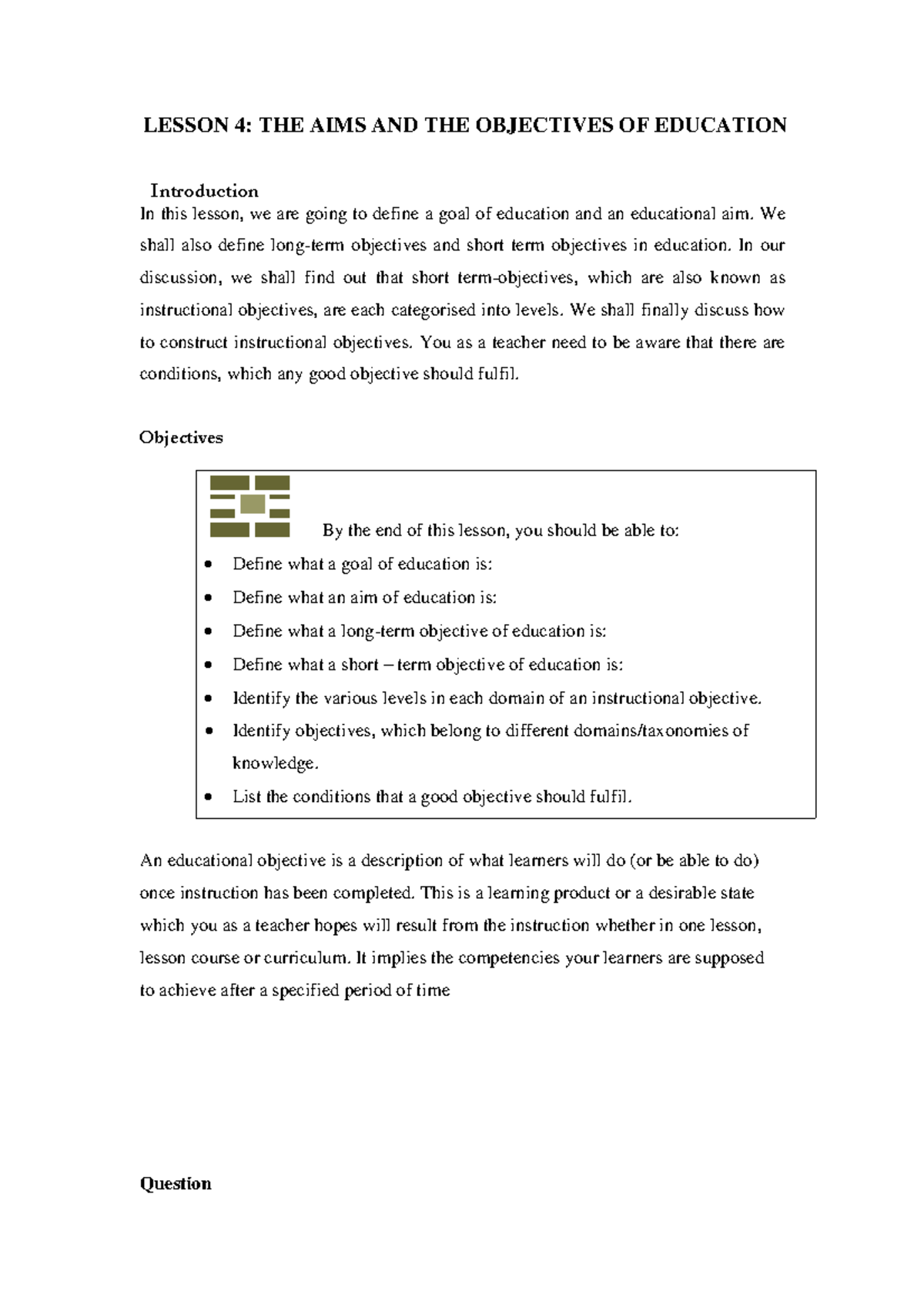 ECT 202 Lesson 4 - Aims and Objectives of Education - Studocu