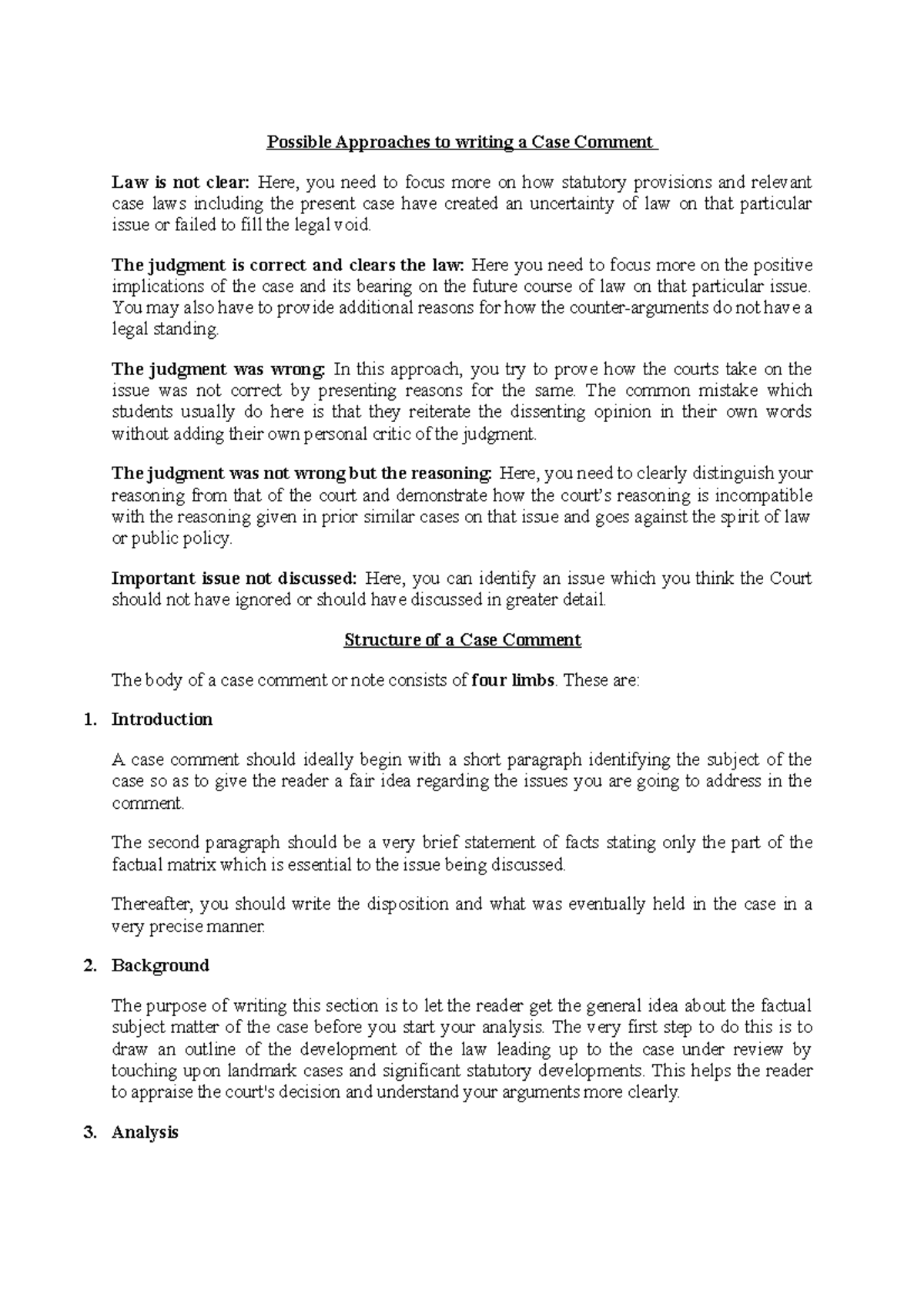 Case Comment - Possible Approaches to writing a Case Comment Law is not ...
