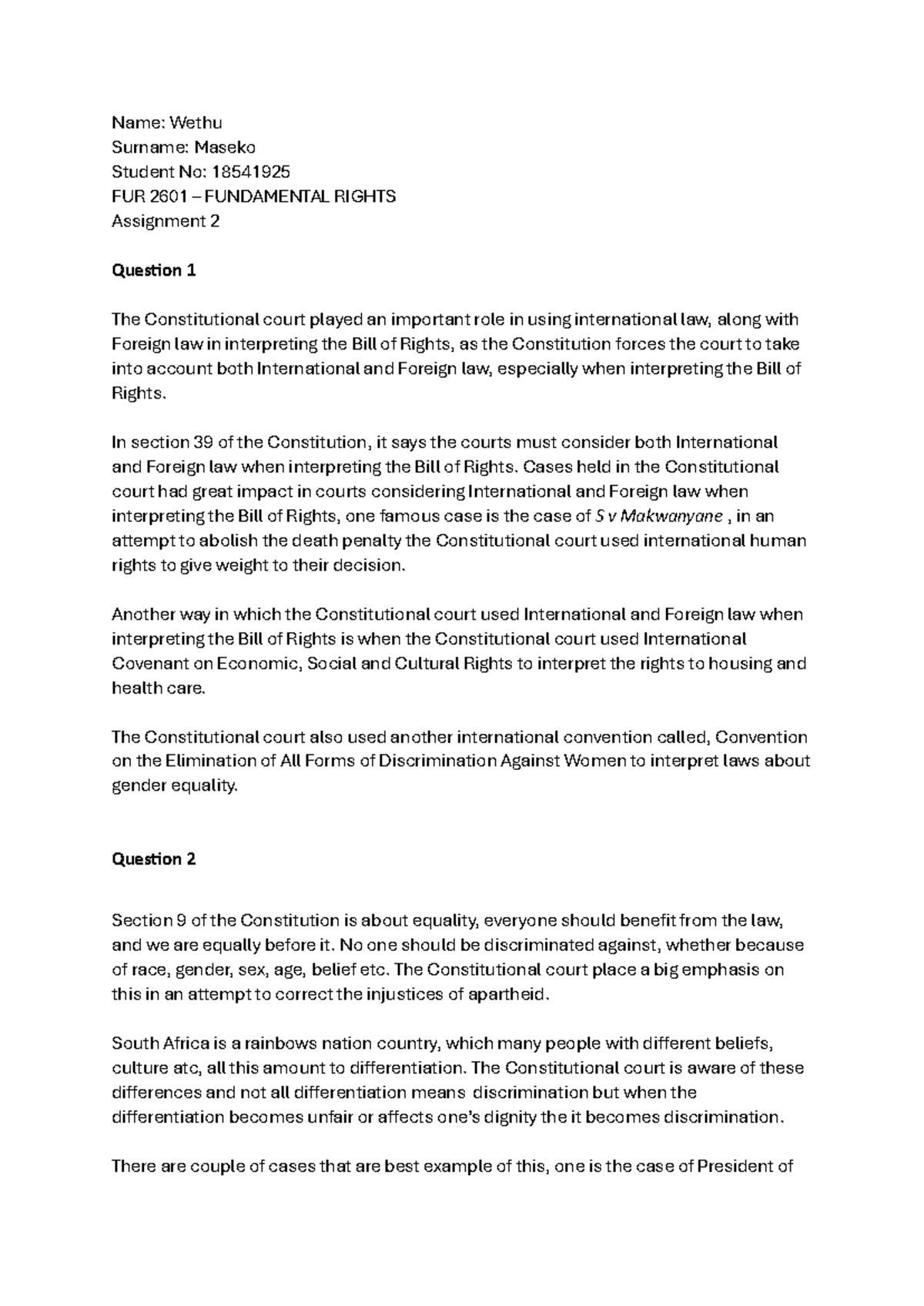 FUR 2601 Fundamental Rights Assignment 2 - Constitutional Court ...