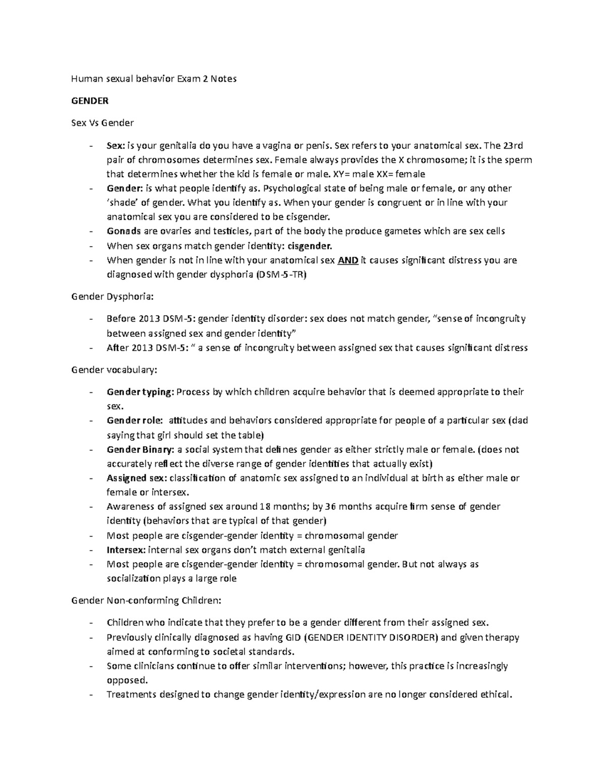 PSY 201: Human Sexual Behavior Exam 2 Gender Notes - Studocu