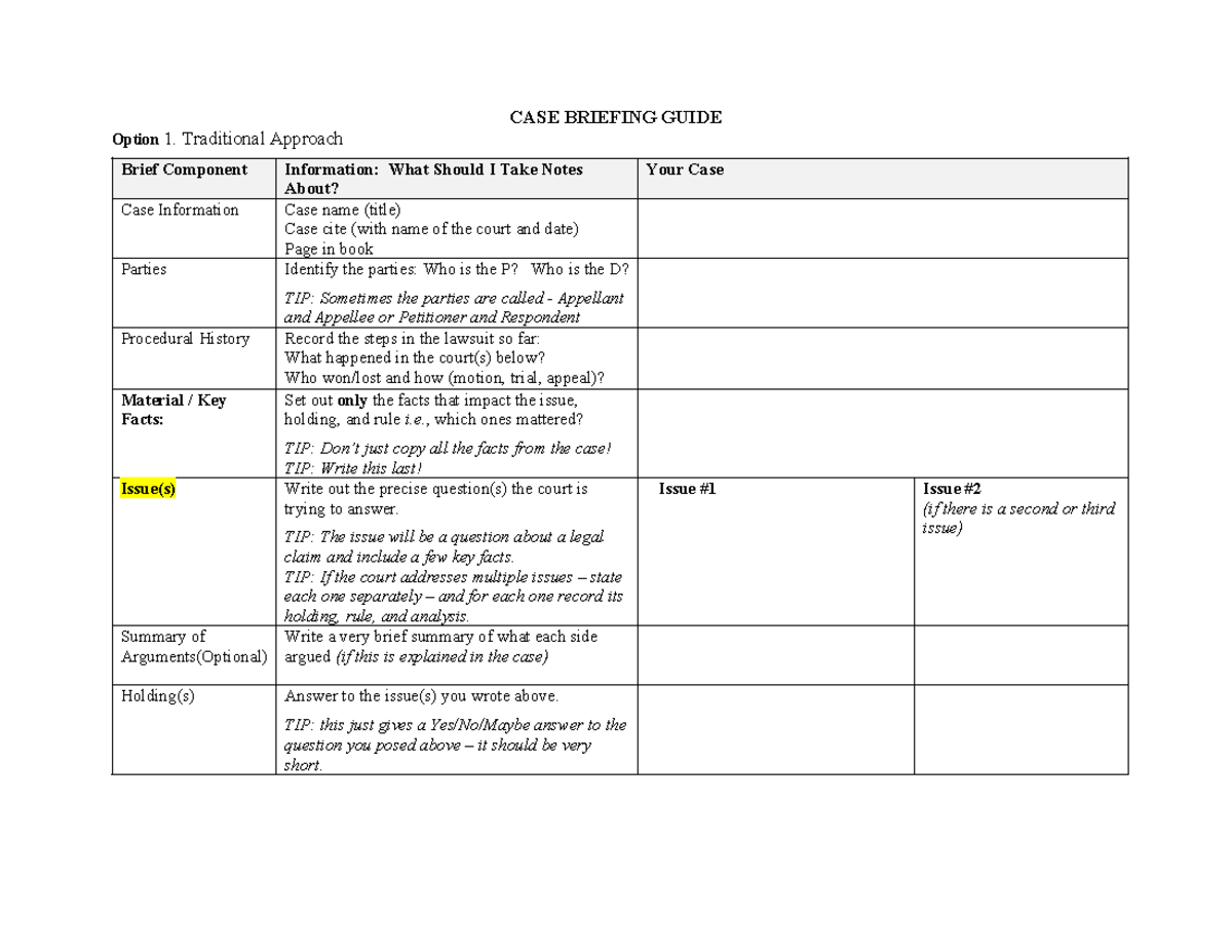 Case Briefing Guide: Traditional Approach (Law 101) - Studocu