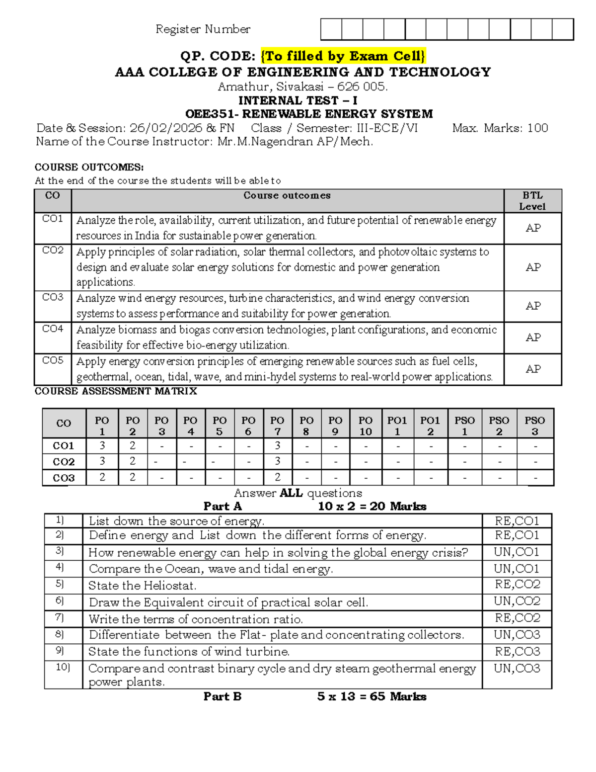 III ECE OEE351 INT TEST I - Renewable Energy Systems Practice Questions ...