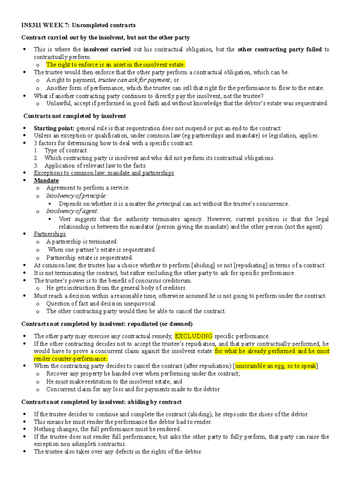 INS311 Week 7: Uncompleted contracts and the impact of insolvency - Studocu
