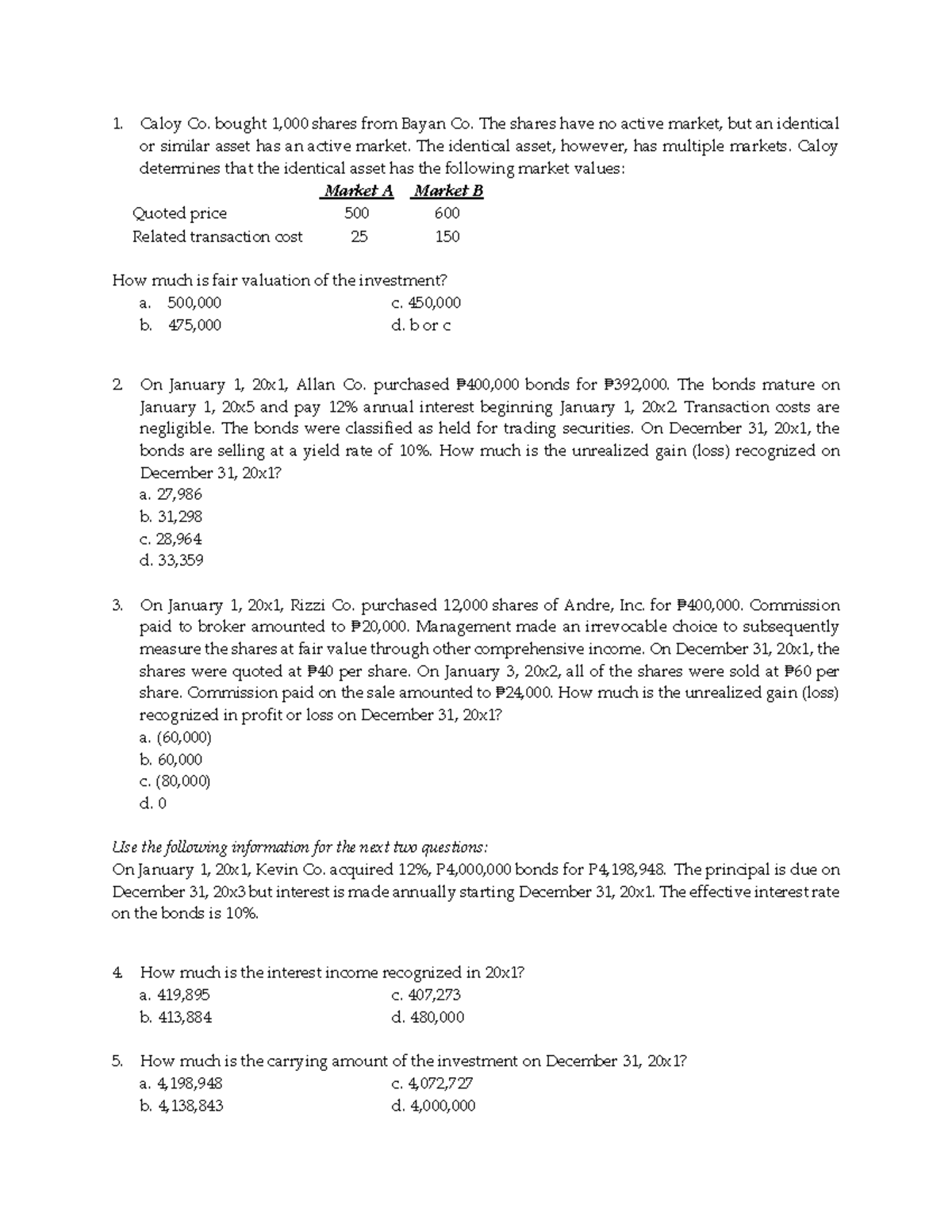 Intermediate Accounting Quiz (ACC 201) - Fair Value and Investments ...