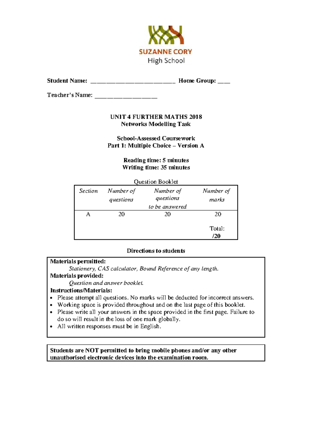 2018 Further Maths UNIT 4 Networks Modelling Task - MC Part A - Studocu