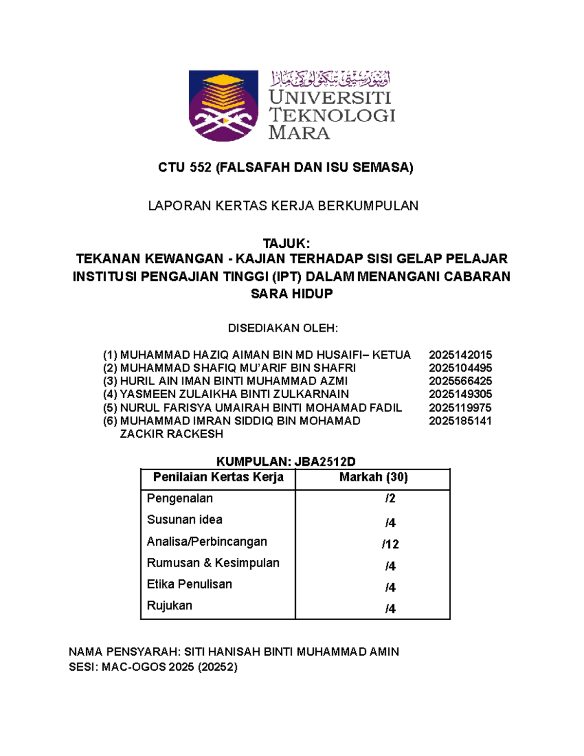 CTU552 - Group Assignment - CTU 552 (FALSAFAH DAN ISU SEMASA) LAPORAN ...