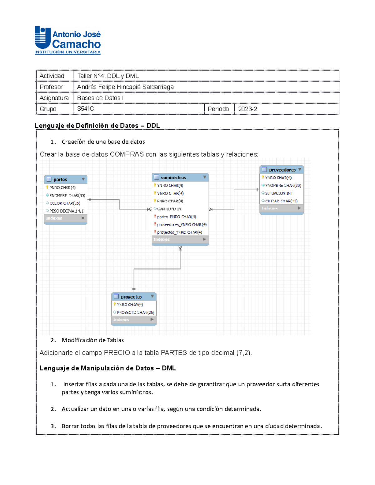 Taller 4: Introducción a DDL y DML en Bases de Datos I - S541C 2023 ...