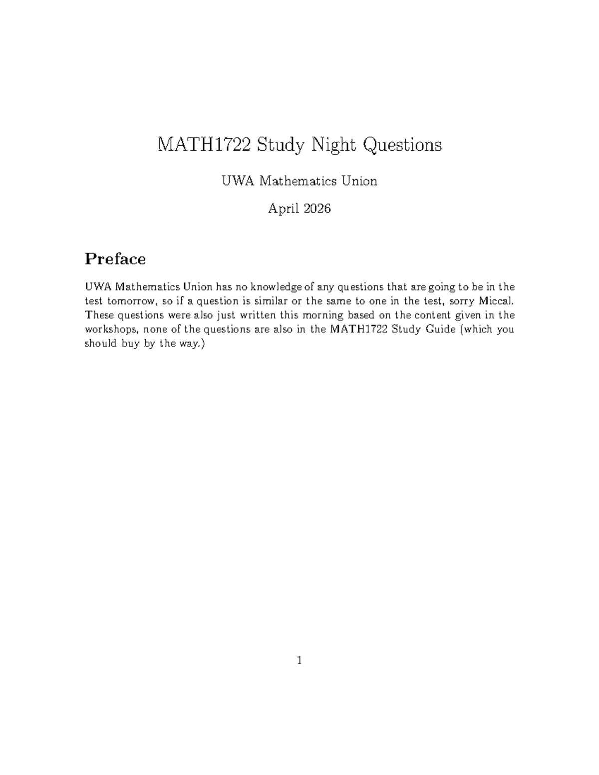 MATH1722 Final Exam Study Night Questions - UWA Mathematics Union - Studocu