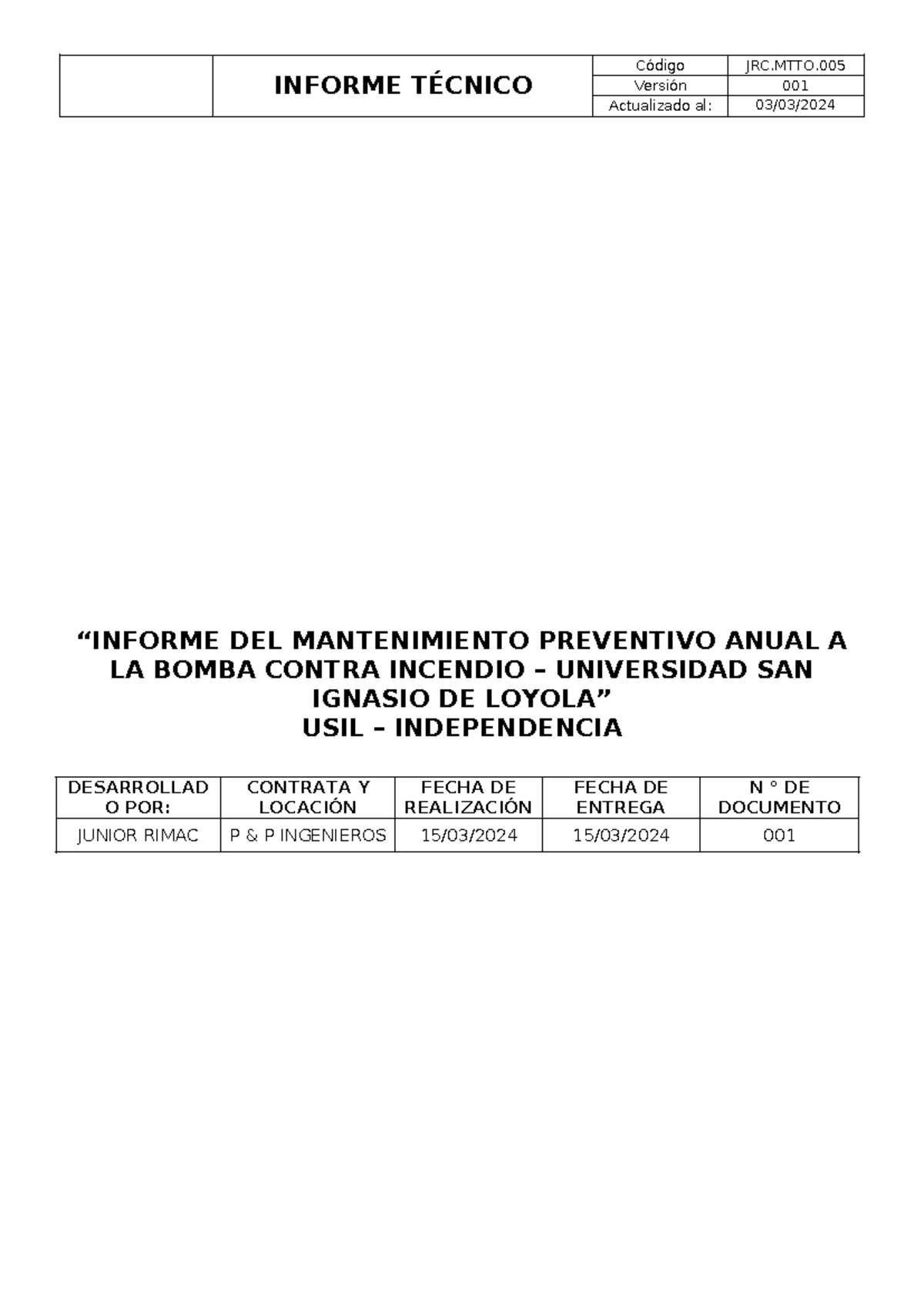 Informe Técnico de Mantenimiento Preventivo Anual a Bomba Contra Incendio - Document Preview