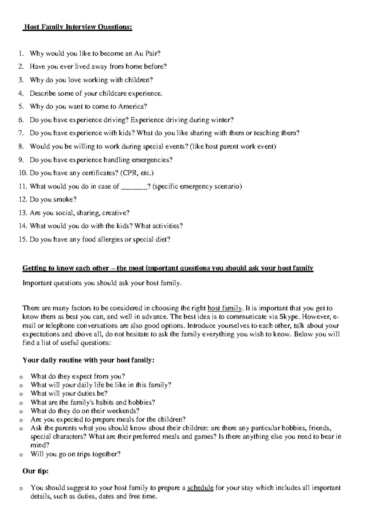 AU PAIR Host Family Interview Sample Questions Guide - Studocu