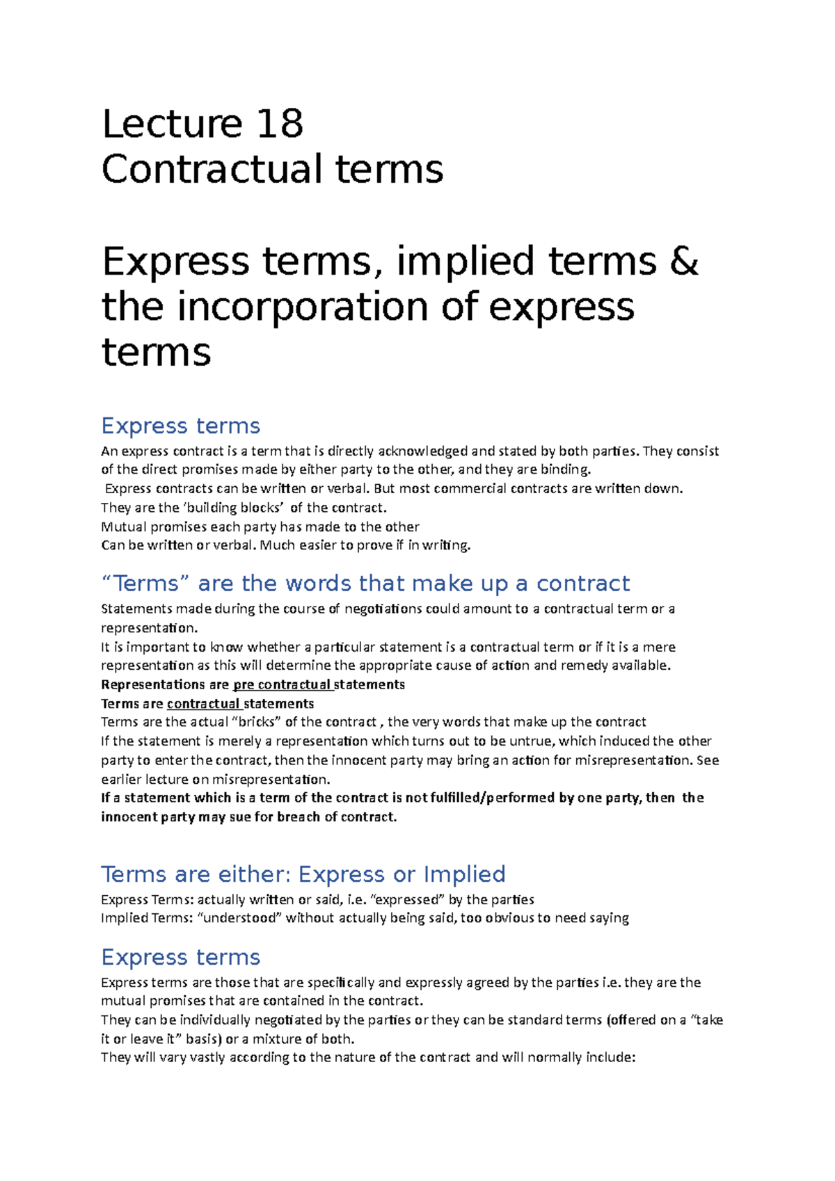 contractual terms - Lecture 18 Contractual terms Express terms, implied ...