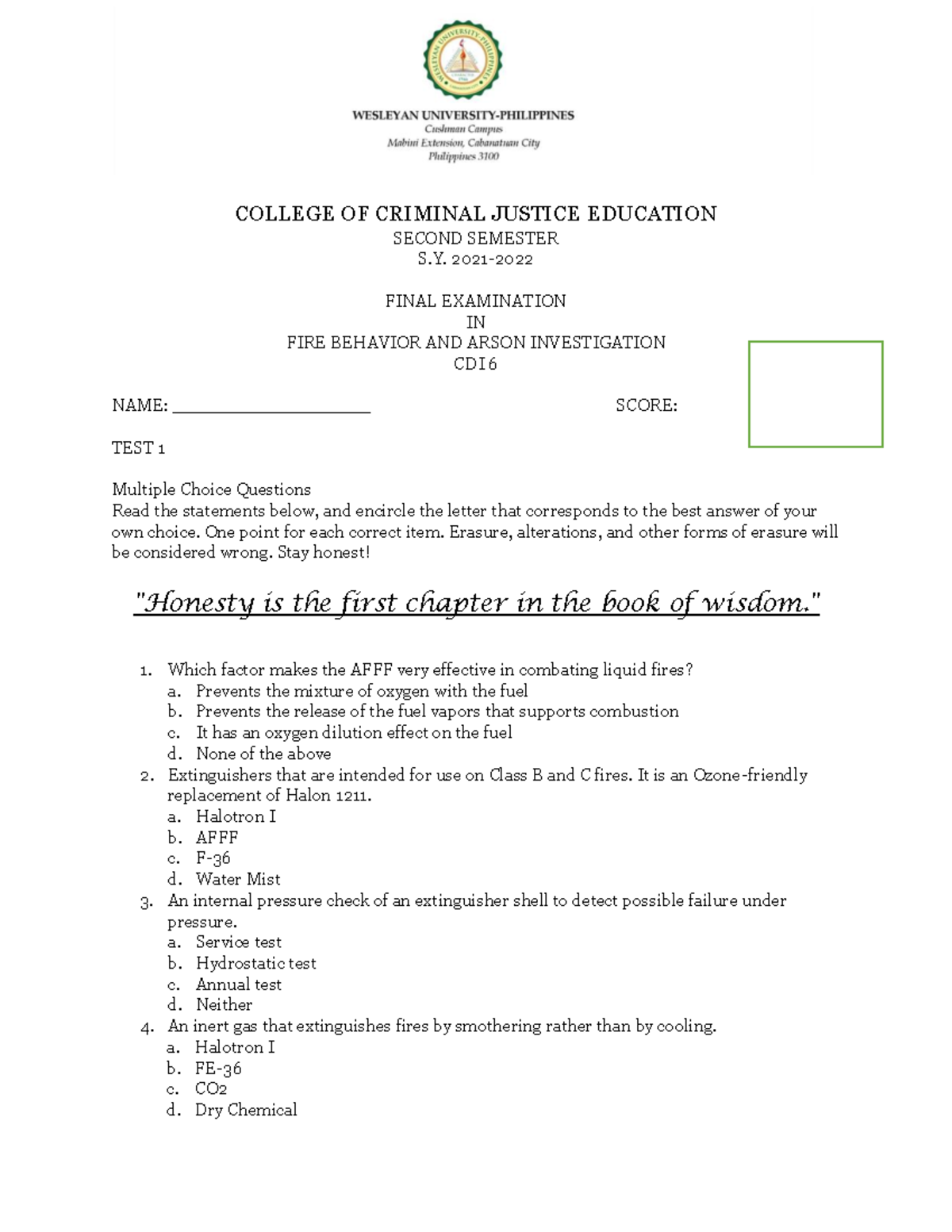 FIRE 101: Final Exam Review in Fire Behavior and Arson Investigation ...