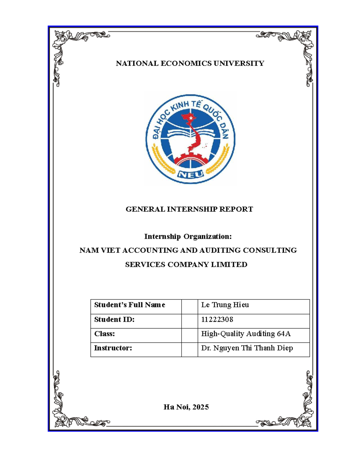 NATIONAL ECONOMICS UNIVERSITY INTERNSHIP REPORT - AUDITING 64A - Studocu