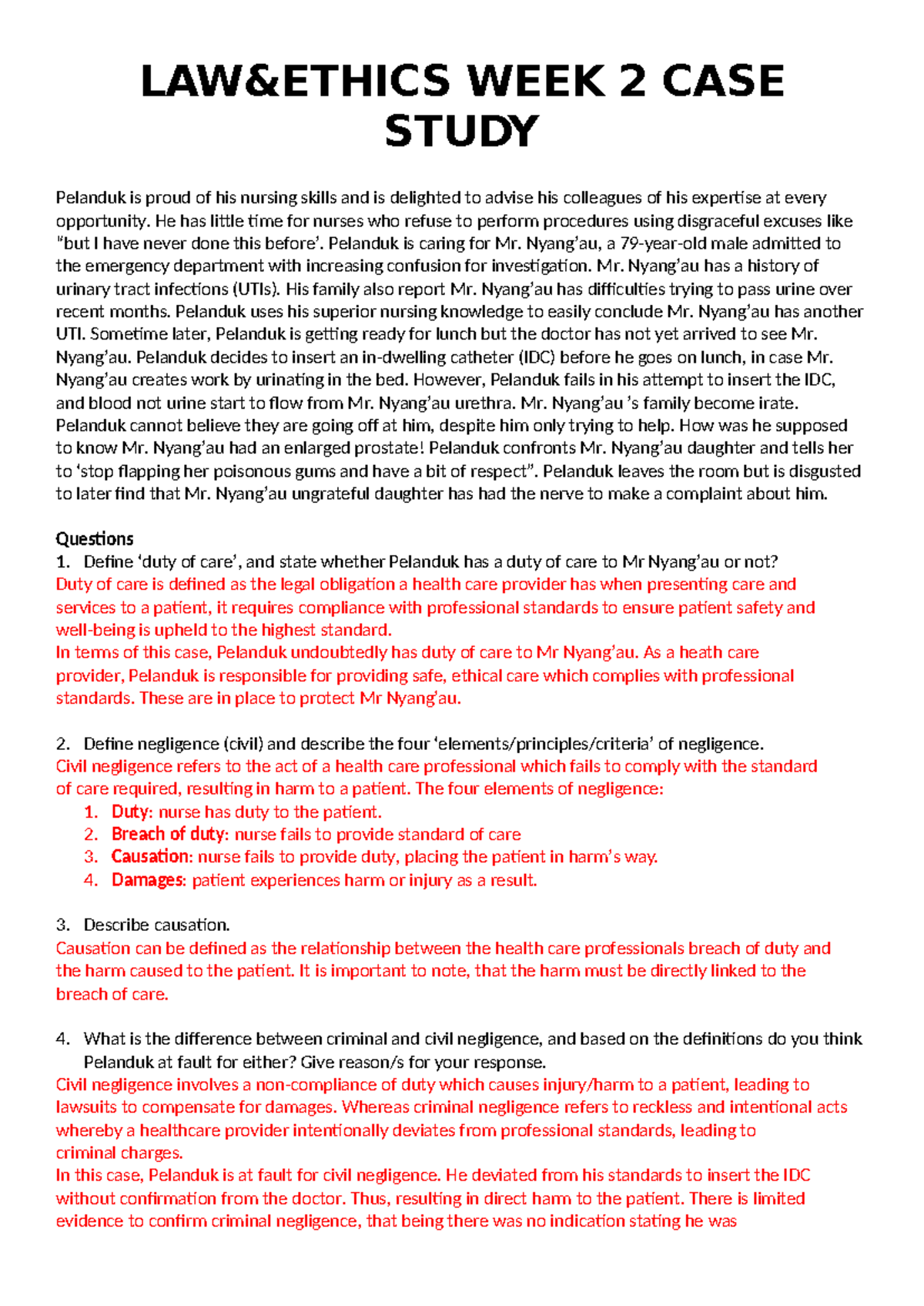 LAW & Ethics WEEK 2 Case Study: Duty of Care and Negligence Analysis ...
