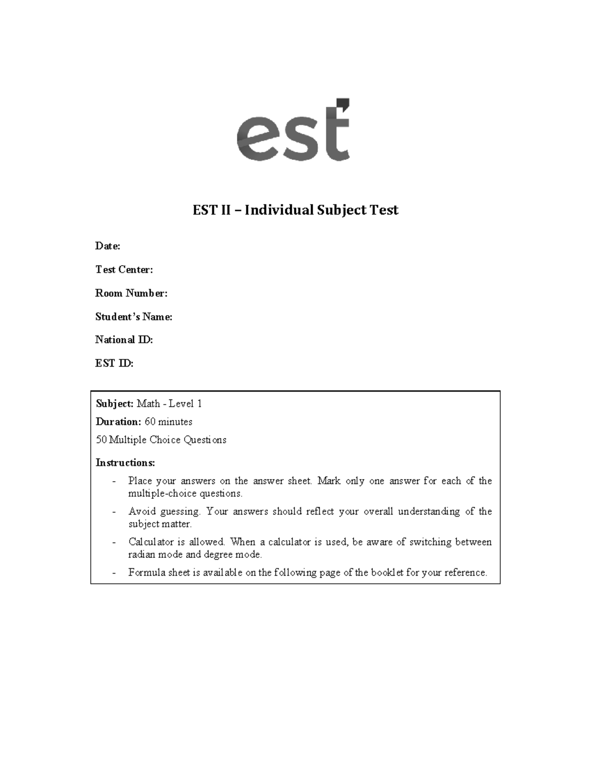 EST II Math Level 1 Individual Subject Test - April 2025 - Studocu