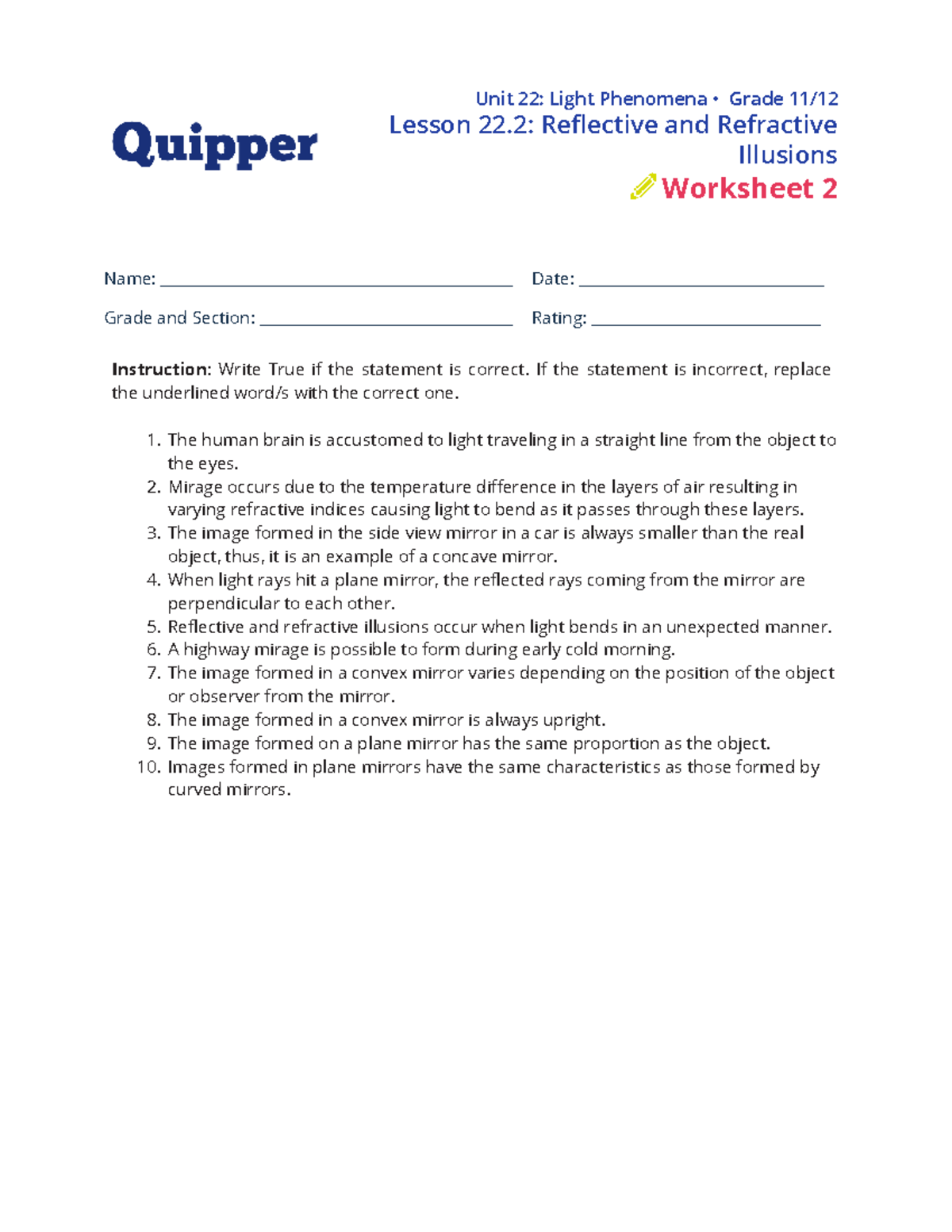 Physical Science 22.2: Reflective & Refractive Illusions Worksheet ...
