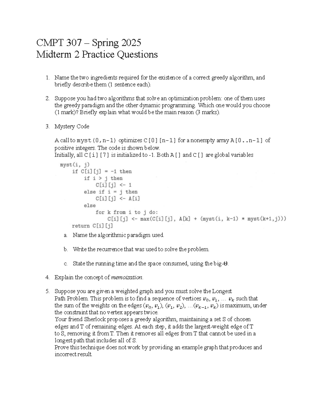 CMPT 307 - Midterm 2 Practice Questions for Spring 2025 - Studocu